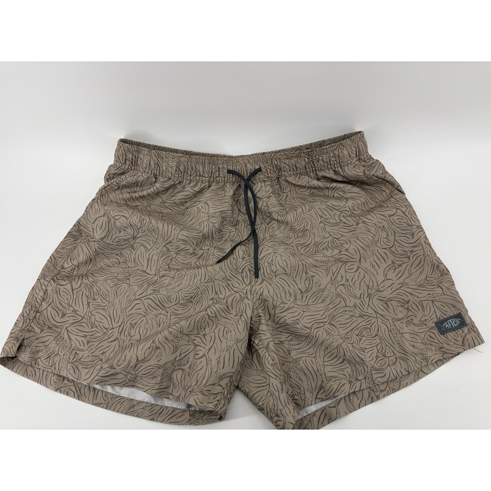 Afico Board Shorts, Khaki Color, Printed Swim Trunks, Elastic Waist, Men Sz L